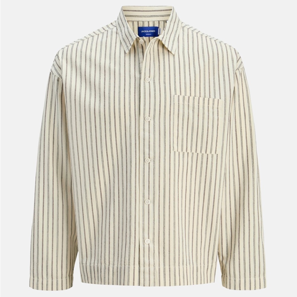 ORIGINALS BY JACK & JONES 100% Cotton Cream and Black Striped Overshirt Shirt